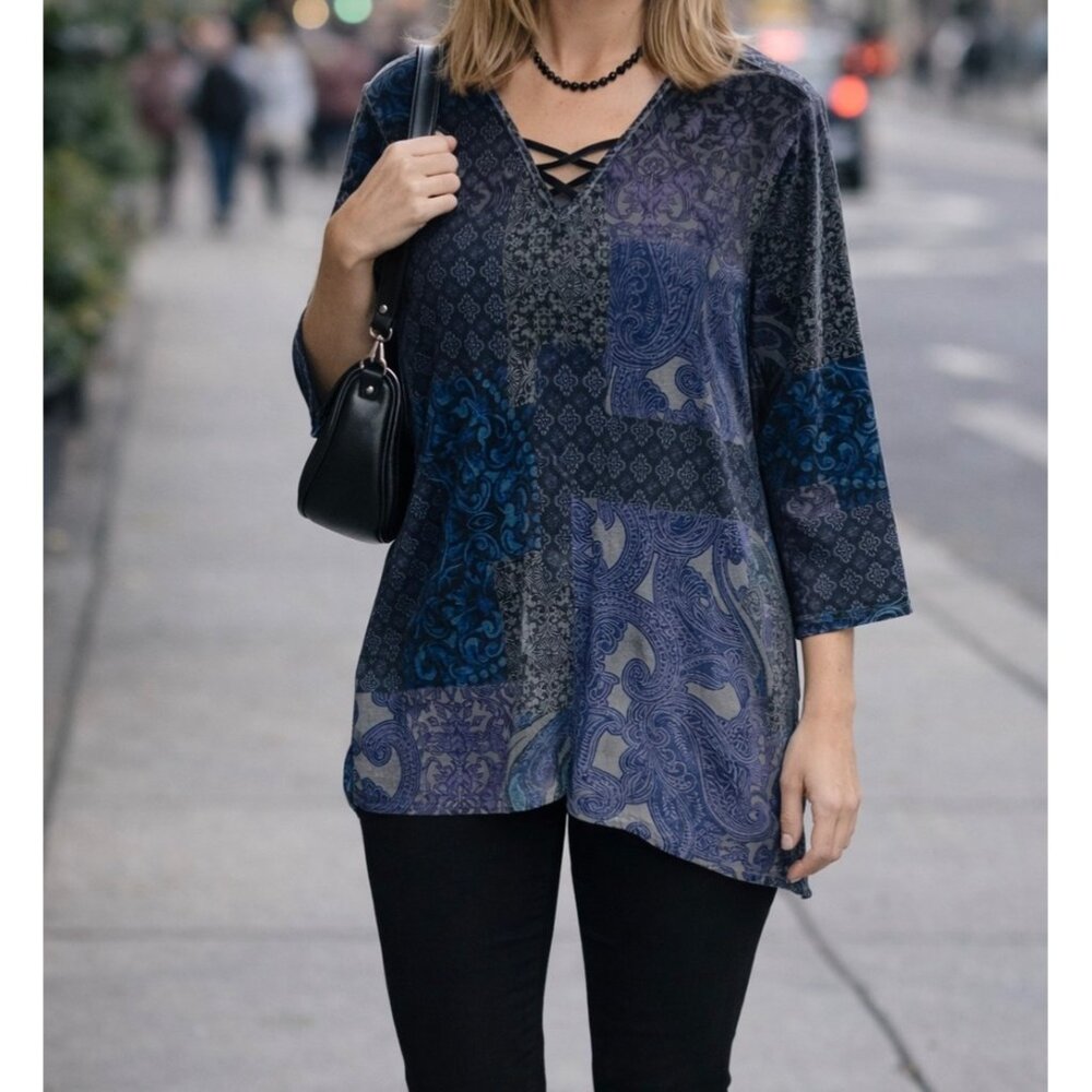 Chico's Dark Velvet Tunic Top Boho Whimsigoth Rich Colors Size 2 Large Women's
